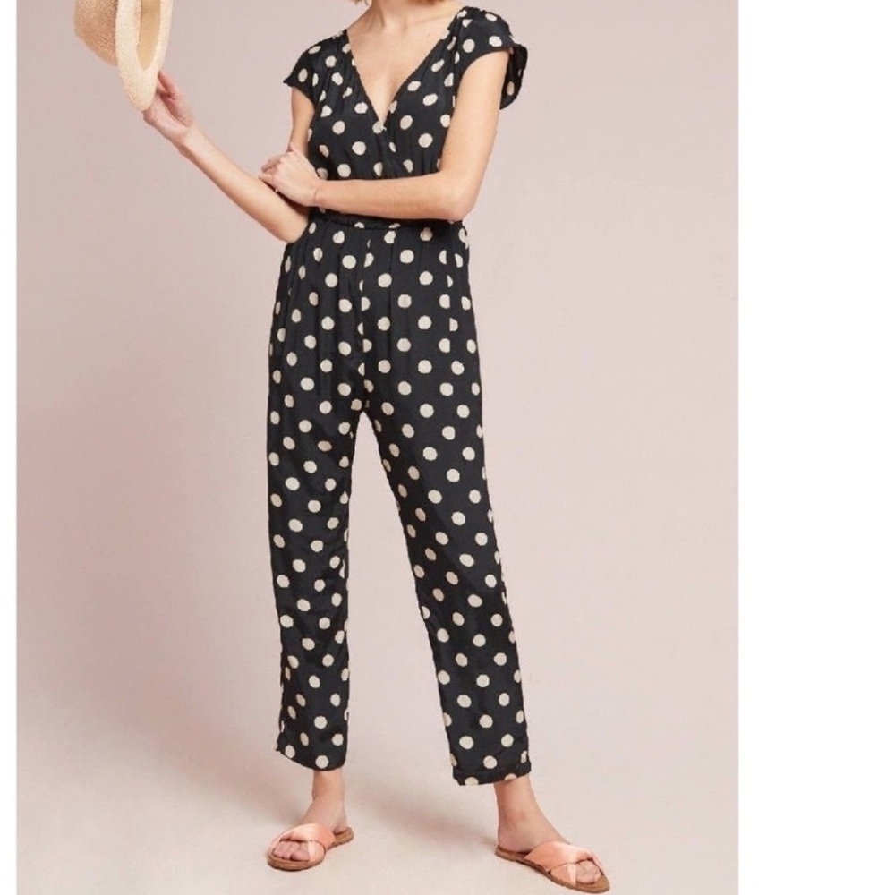 Corey Lynn‎ Calter Anthropologie Sz S black ivory polka dot v cleavage jumpsuit